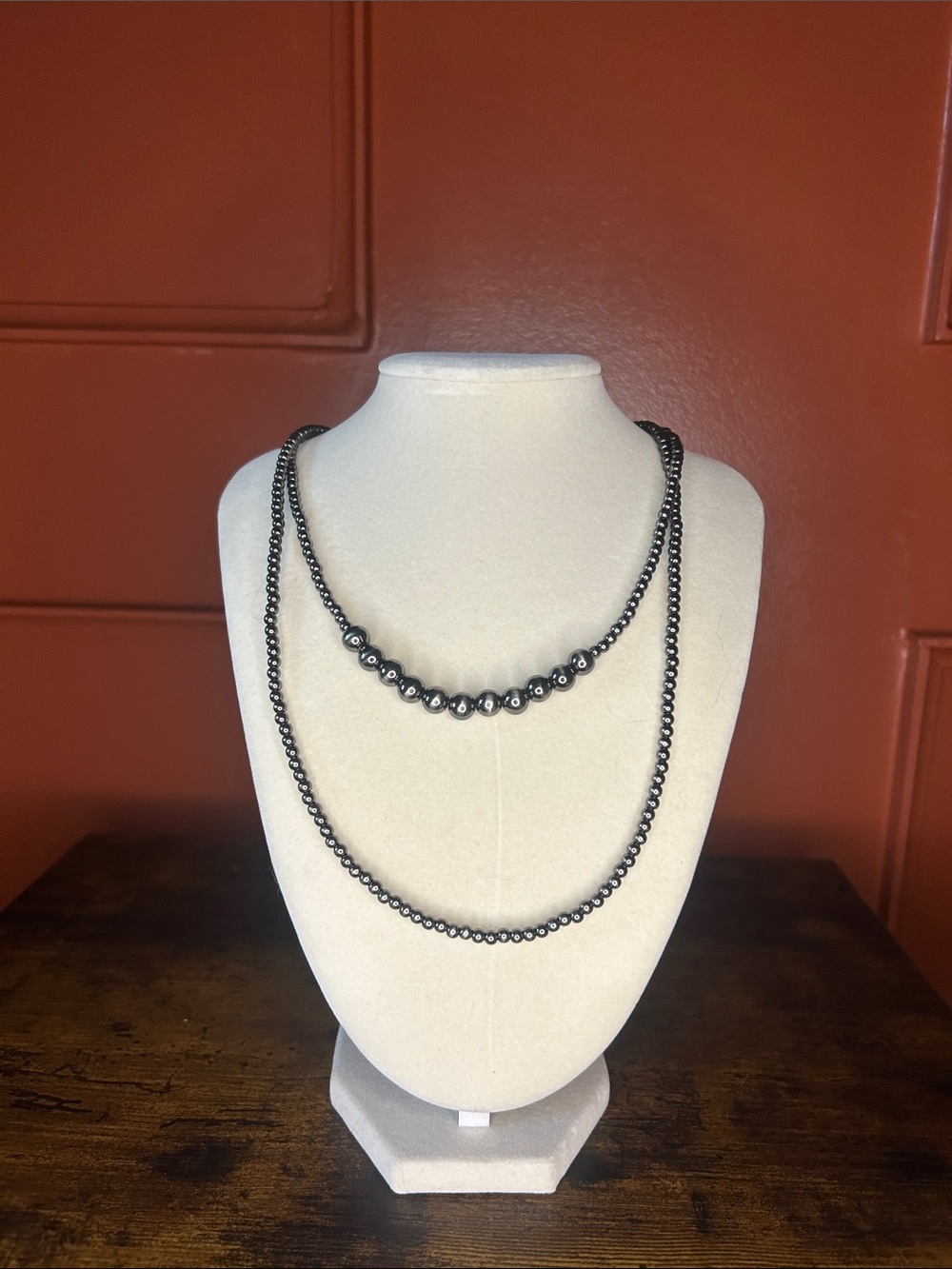 Layered Hematite Bead Necklace - Dark Silver Tone